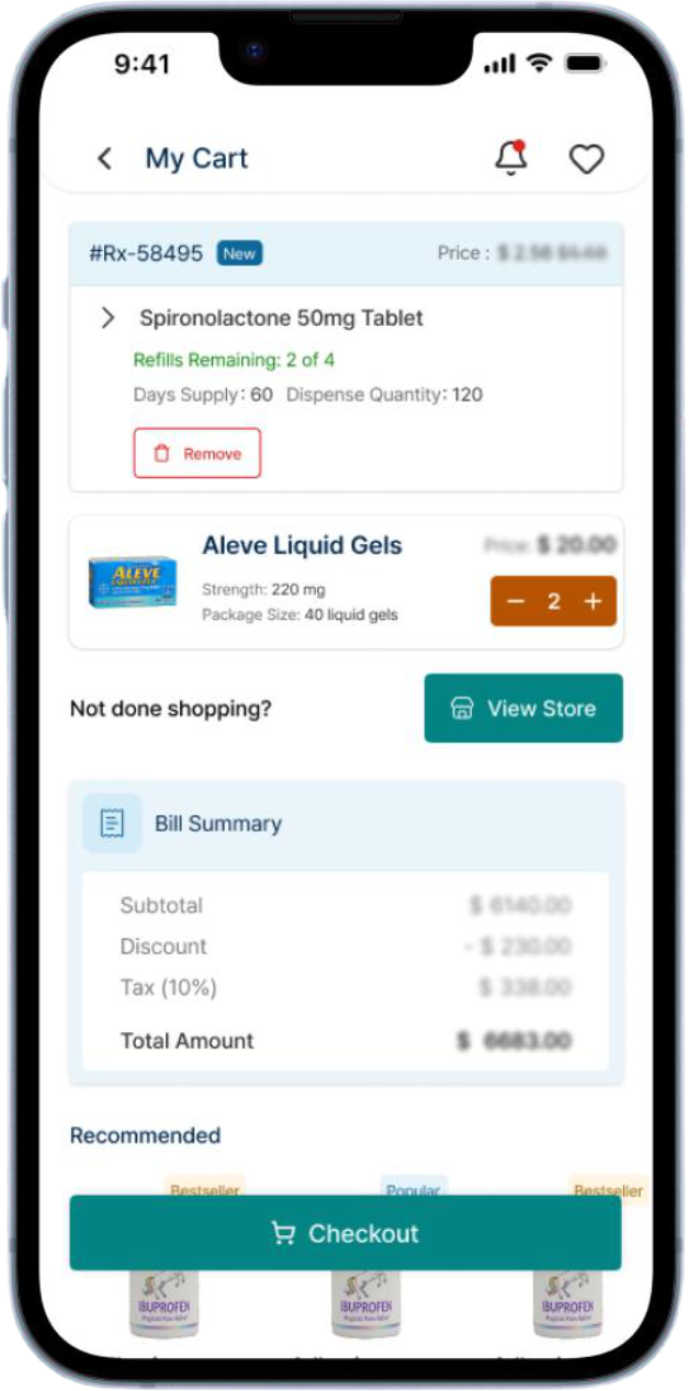 Cart and Checkout screen